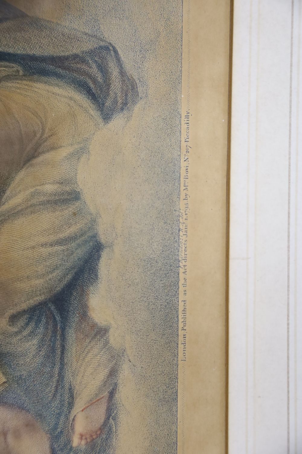 After Bartolozzi, stipple engraving, Angel and cherubs, 24 x 49cm, unframed